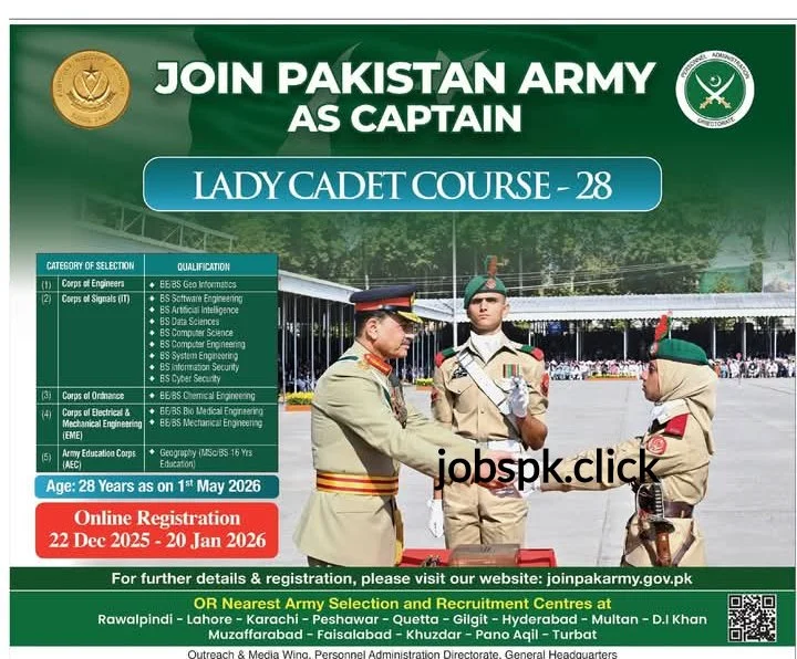 Join Pakistan Army Lady Cadet Course 28 Govt Jobs 2025 official advertisement