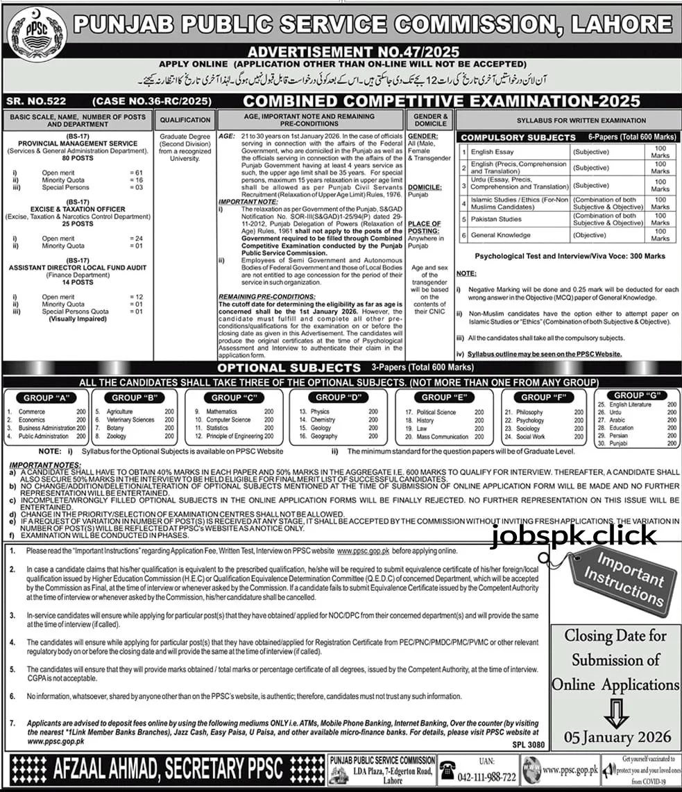 PPSC Combined Competitive Examination 2025 Govt Jobs Advertisement