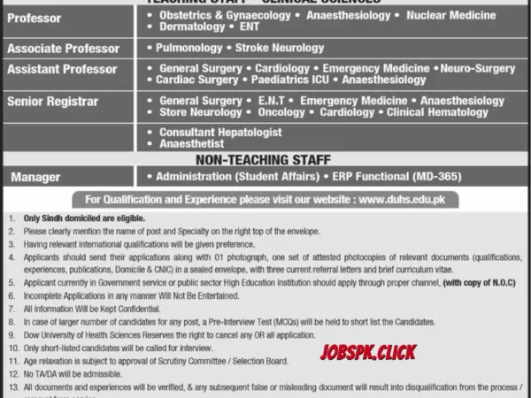 Dow University Of Health Sciences Karachi Jobs 2026 Official Advertisement