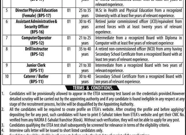 ETEA Girls Cadet College Jobs 2026 Official Advertisement