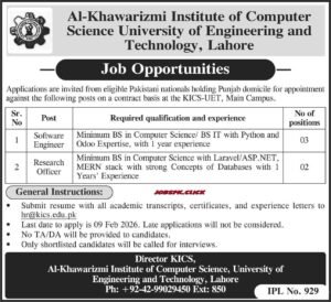 KICS UET Jobs 2026 – Software Engineer & Research Officer Official Advertisement