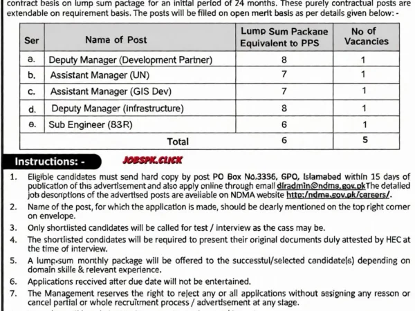 National Disaster Management Authority (NDMA) Jobs 2026 Official Advertisement