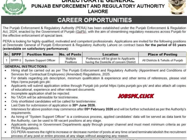 PERA Jobs 2026 System Support Officer official Advertisement