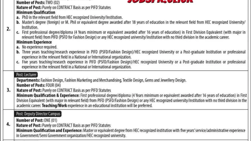 PIFD Karachi Jobs 2026, Pakistan Institute of Fashion and Design Jobs, PIFD Professor Jobs 2026, PIFD Lecturer Jobs Karachi, PIFD Assistant Professor Fashion Design, PIFD Application Form 2026, Fashion Design Teaching Jobs Pakistan, Textile Design Jobs Karachi 2026, PIFD Recruitment 2026, Government Fashion Institute Jobs Pakistan, PIFD Eligibility Requirements, PIFD Job Advertisement January 2026, Contract Basis Professor Jobs Pakistan, PIFD Karachi Campus Vacancies, Teaching Jobs in Karachi 2026